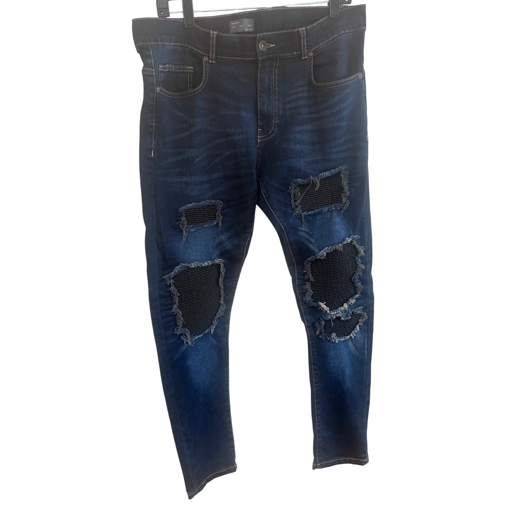 Zara Man Denim Collection 1975 Distressed Moto Ribbed Patch Slim Jeans Blue 34